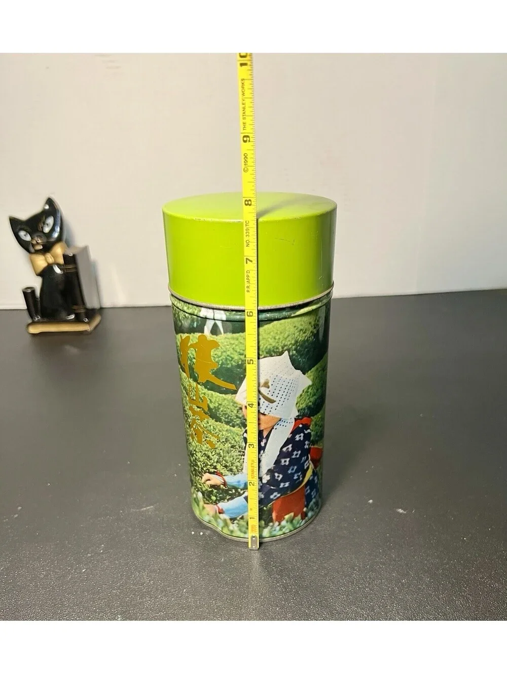 Vintage 1970s Japanese Green Tea Tin Canister Chatsumi Musume Tea Picker, 7.75”